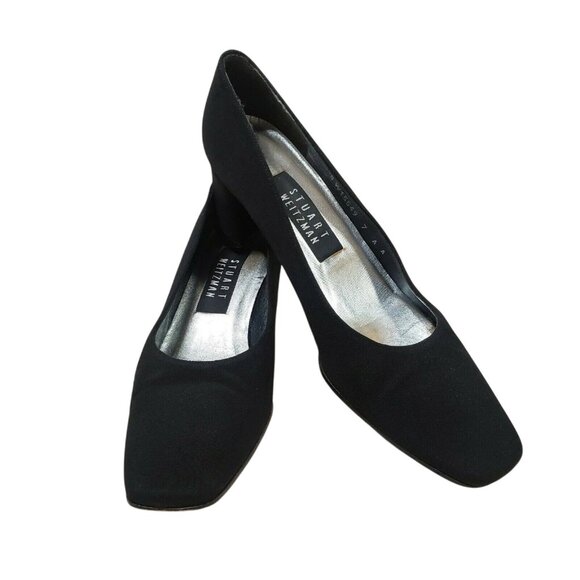 STUART WEITZMAN BLACK FABRIC BLOCK HEEL PUMPS 7 AA - Picture 1 of 9